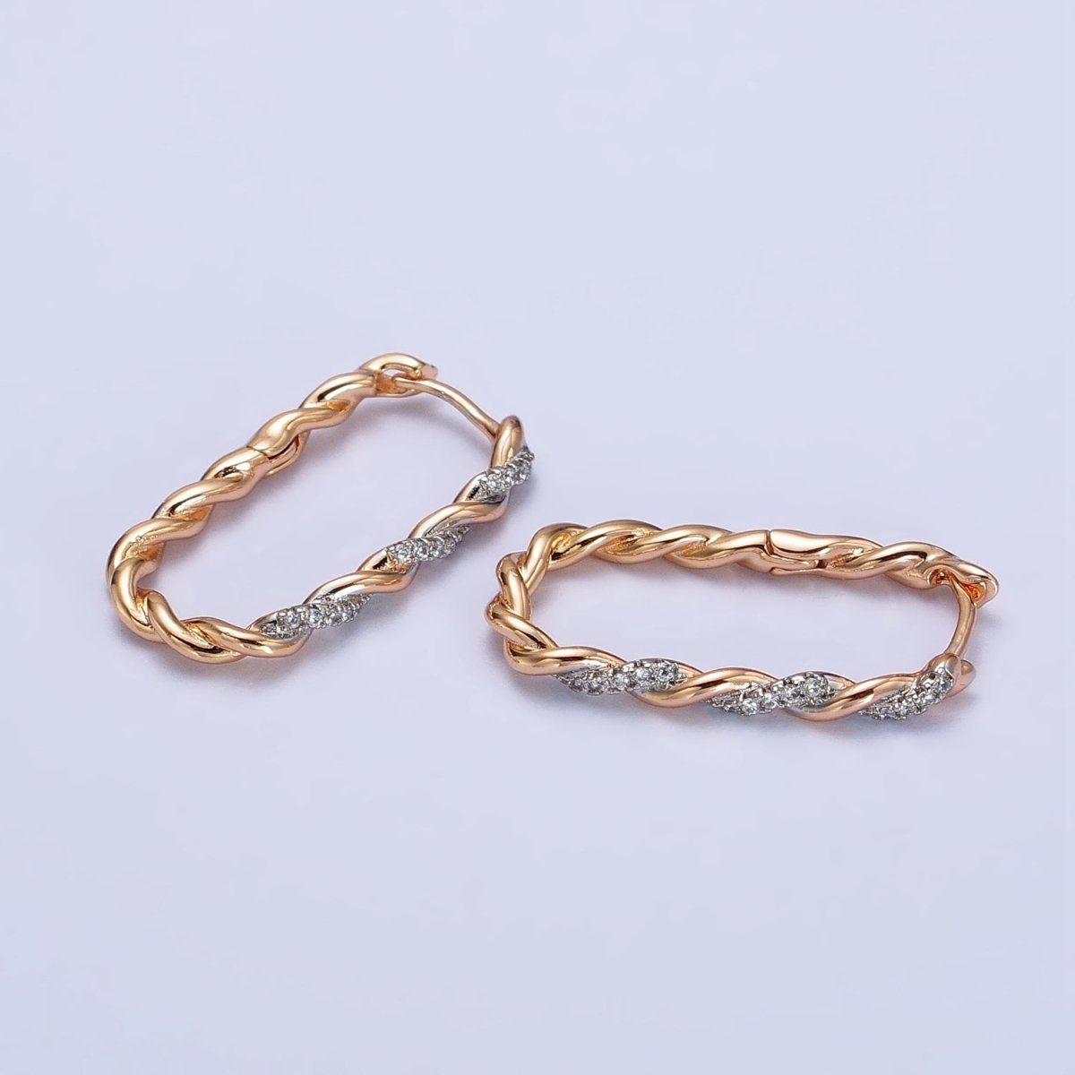 18K Gold Filled Micro Paved CZ Braided Twist Oblong Mixed Metal Hoops | AB262 - DLUXCA