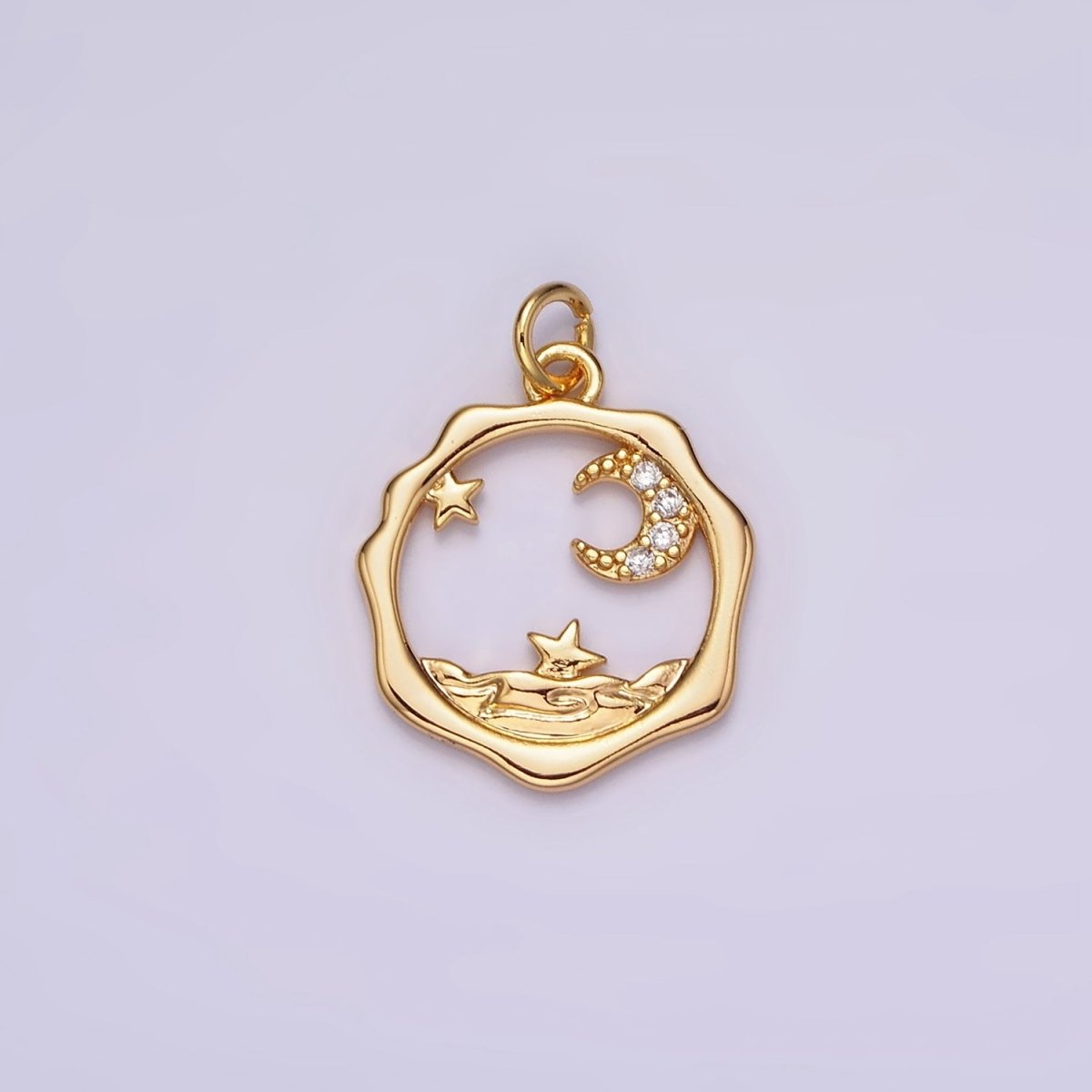 18K Gold Filled Micro Paved CZ Celestial Stars Crescent Moon Sea Open Wavy Round Charm | N1652 - DLUXCA