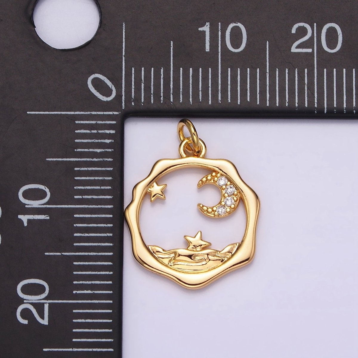 18K Gold Filled Micro Paved CZ Celestial Stars Crescent Moon Sea Open Wavy Round Charm | N1652 - DLUXCA