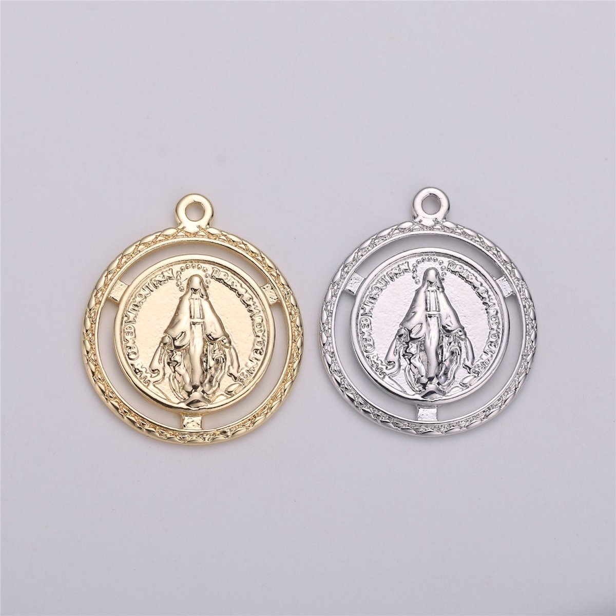 18K Gold Filled Miraculous Lady Medallion Charm with Decorative Edge, Round Coin Pendant Catholic Charm Silver Gold Virgin Mary Charm C-534 - DLUXCA