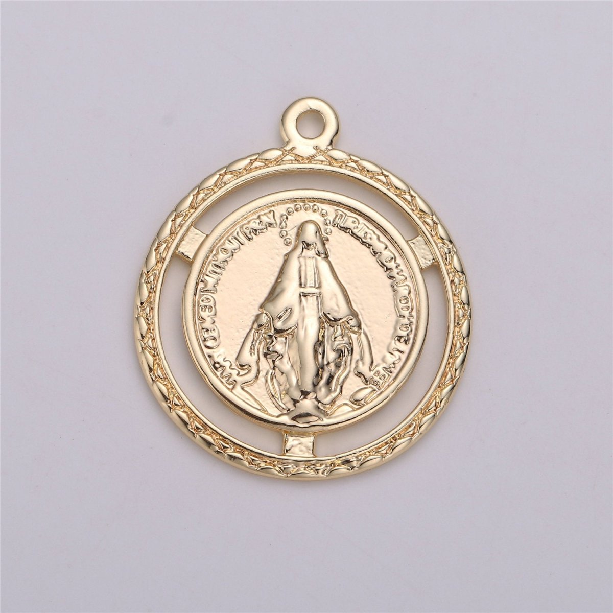 18K Gold Filled Miraculous Lady Medallion Charm with Decorative Edge, Round Coin Pendant Catholic Charm Silver Gold Virgin Mary Charm C-534 - DLUXCA