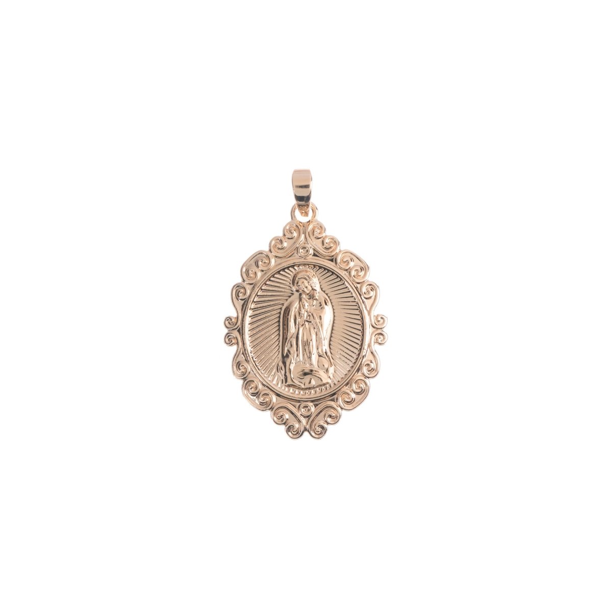 18k Gold Filled Mother Virgin Mary Miraculous Lady Pendant Rosary Necklace Charm with Bail Decorative Edge Oval Coin H-278 - DLUXCA