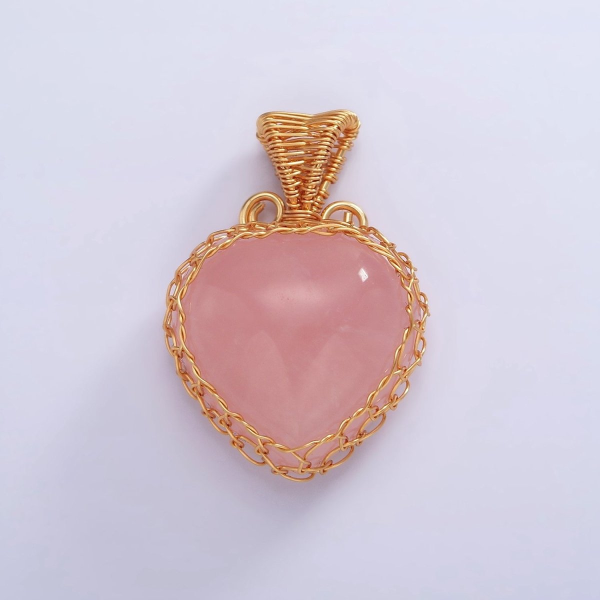 18K Gold Filled Natural Gemstone Pink Rose Quartz Strawberry Handmade Wire Wrapped Pendant | AA627 - DLUXCA