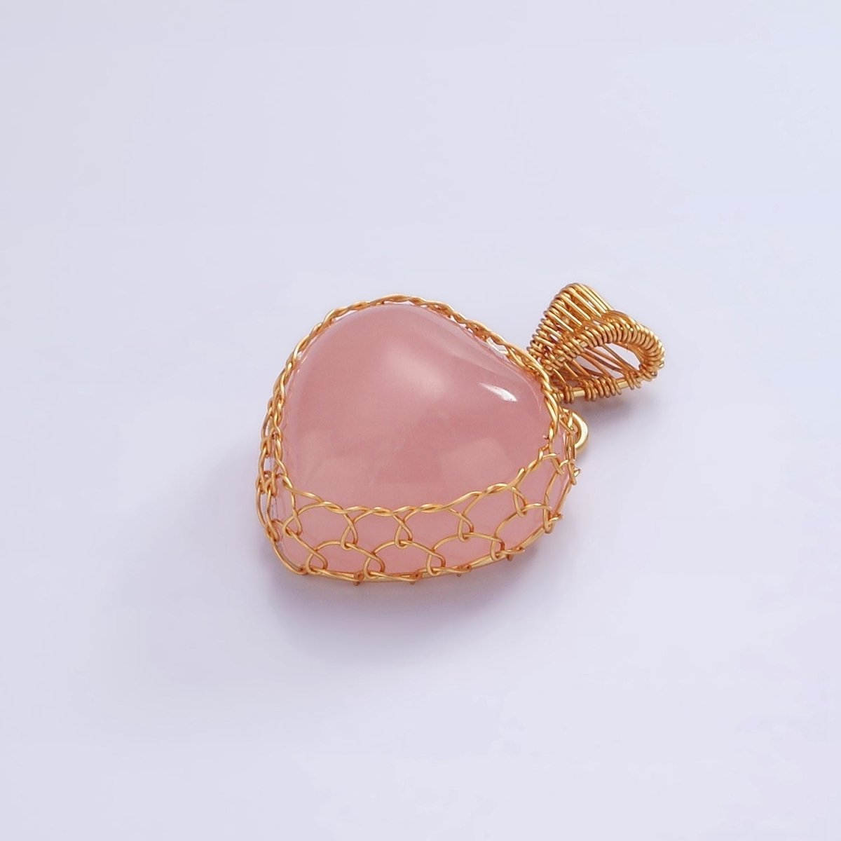 18K Gold Filled Natural Gemstone Pink Rose Quartz Strawberry Handmade Wire Wrapped Pendant | AA627 - DLUXCA