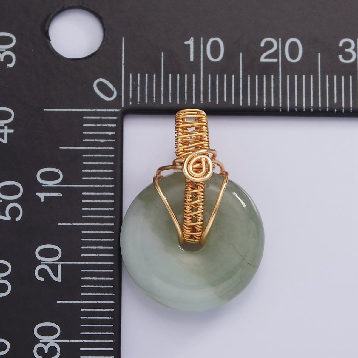 18K Gold Filled Natural Jade Round Donut Handmade Wire Wrapped Pendant | AA628 - DLUXCA