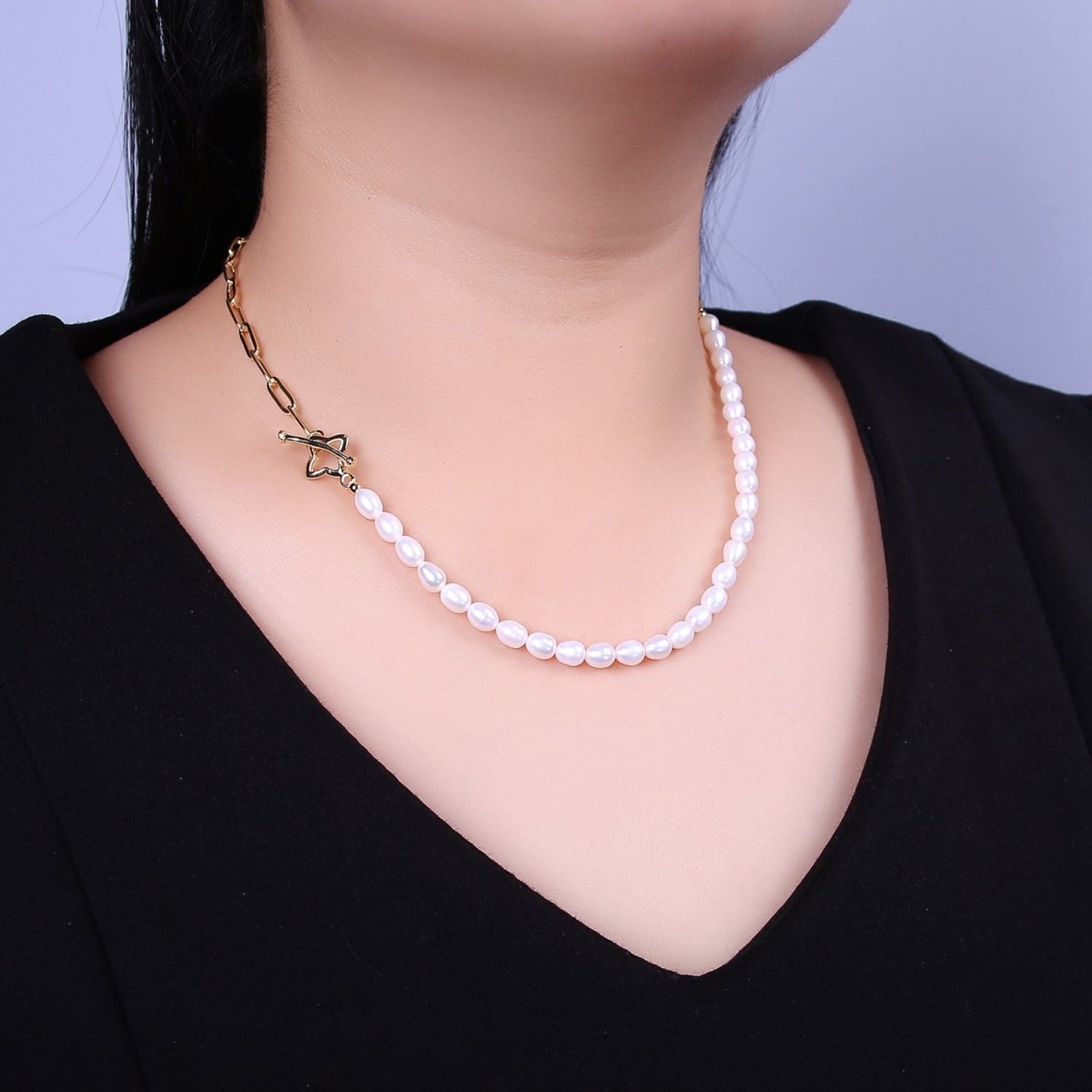 18k Gold Filled Paperclip Chain with Freshwater Pearls Layering Necklace Dainty Paperclip | WA-862 Clearance Pricing - DLUXCA