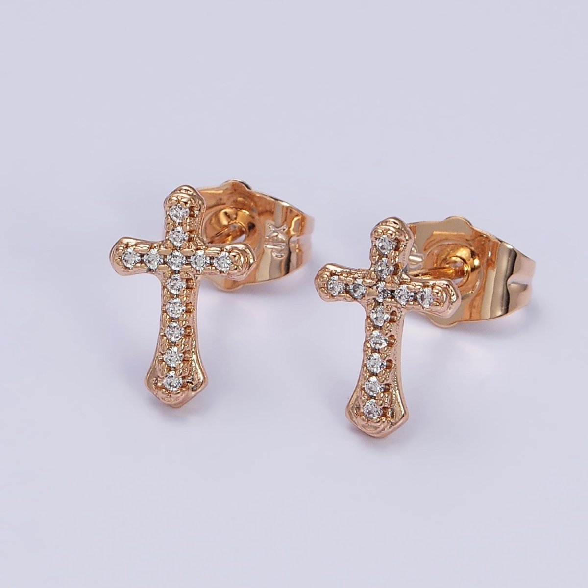 18K Gold Filled Passion Cross Micro Paved CZ Religious Stud Earrings | AD1457 - DLUXCA