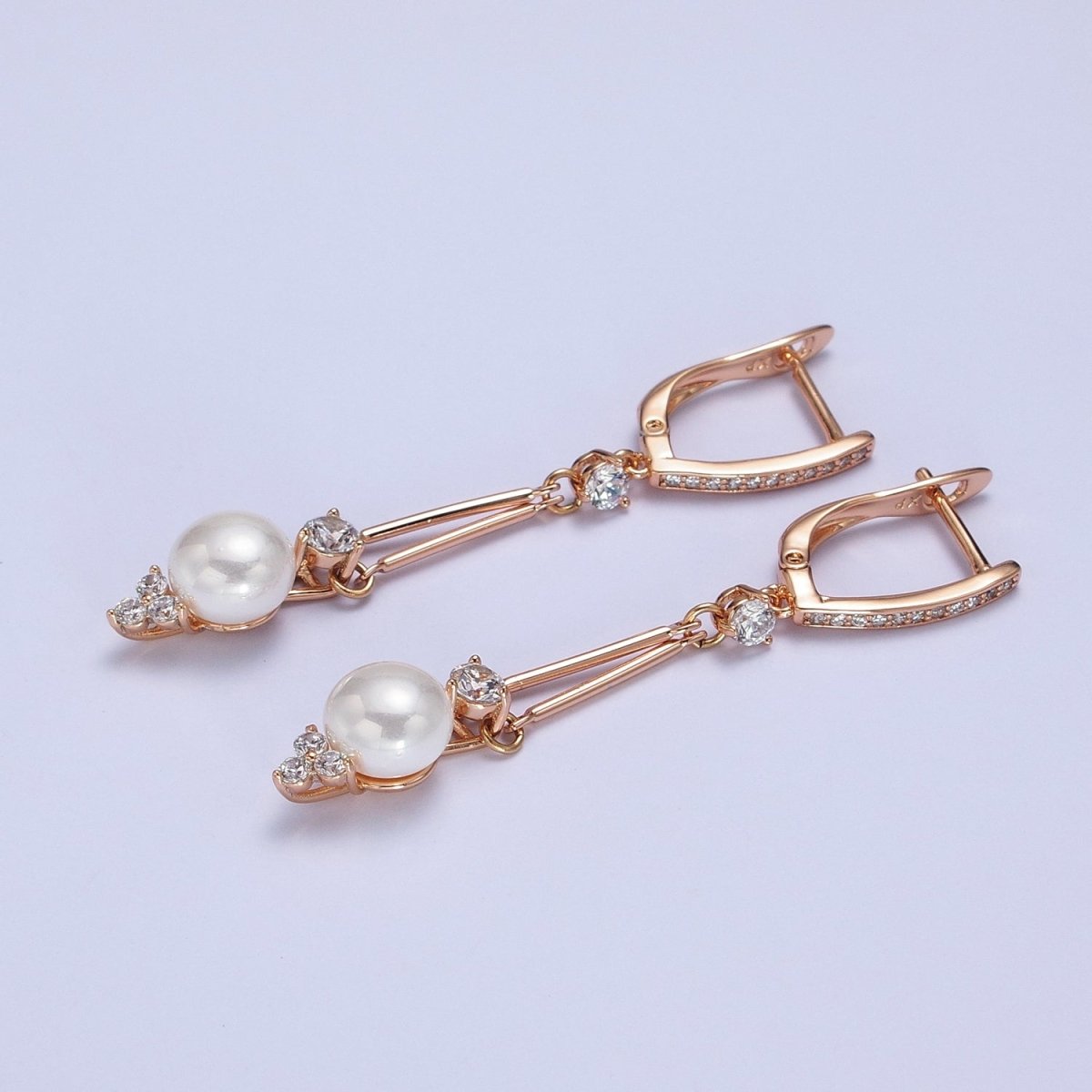 18K Gold Filled Pearl CZ Double Bar Drop Dangle Micro Paved English Lock Earrings | AB296 - DLUXCA