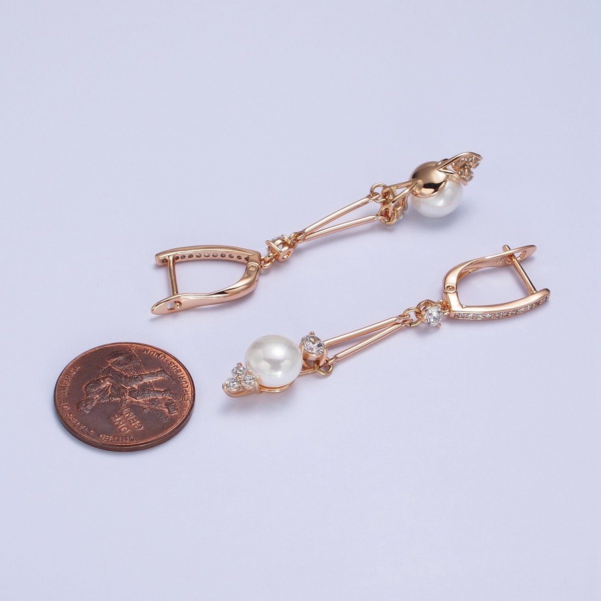18K Gold Filled Pearl CZ Double Bar Drop Dangle Micro Paved English Lock Earrings | AB296 - DLUXCA