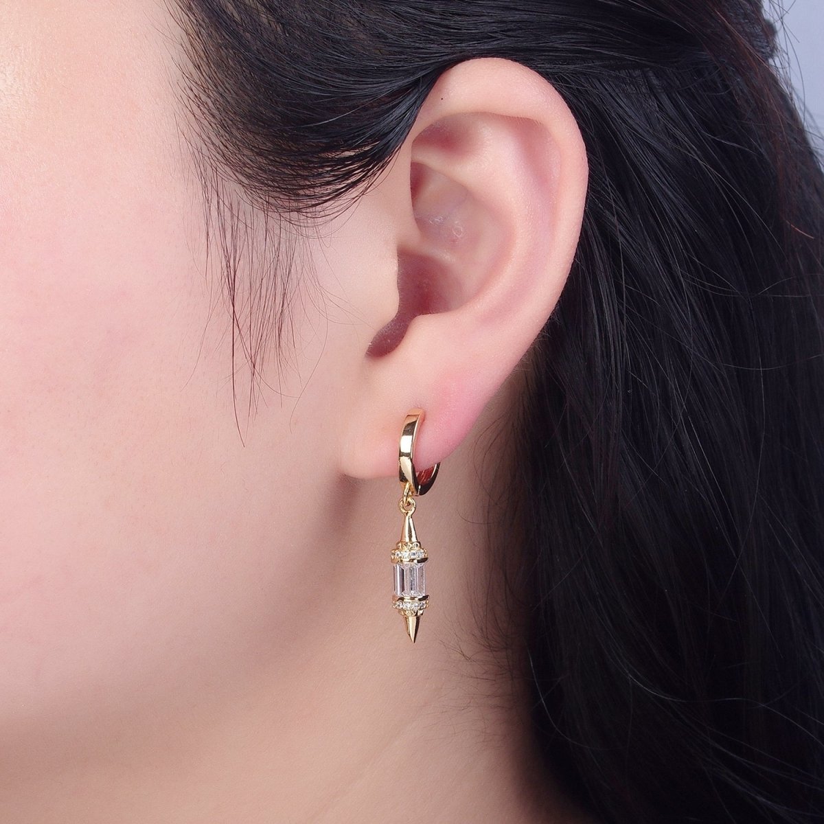 18K Gold Filled pendulum spike drop earrings, Gold Baguette spike dainty earrings, edgy style small spike earrings V-445 - DLUXCA