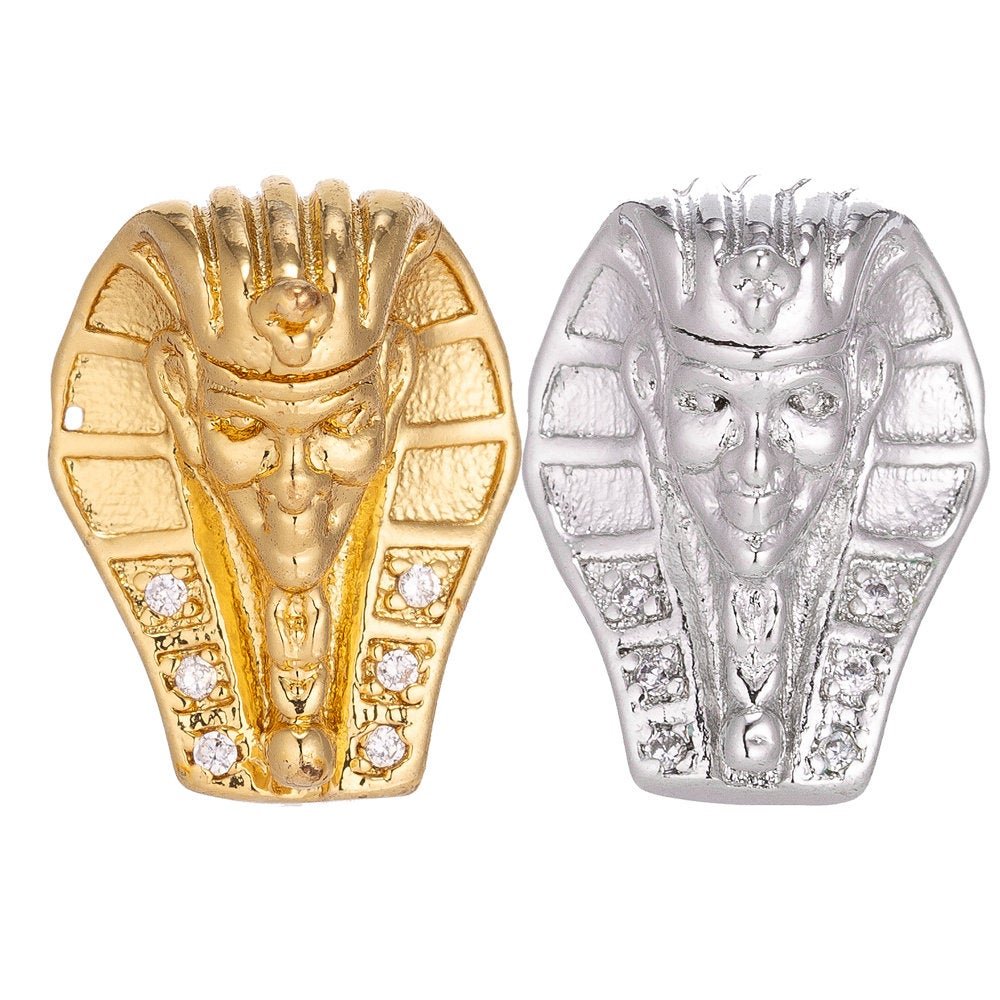 18K Gold Filled Pharaoh Head Egyptian King Cubic Zirconia Bracelet Bead Charm Micro Pave Bead Spacer CenterPiece beaded bracelet, B-163 - DLUXCA