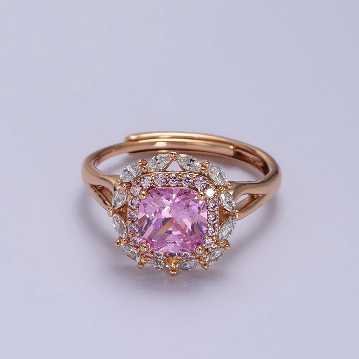 18K Gold Filled Pink CZ Square Clear Micro Paved Marquise Adjustable Ring | Y-585 - DLUXCA