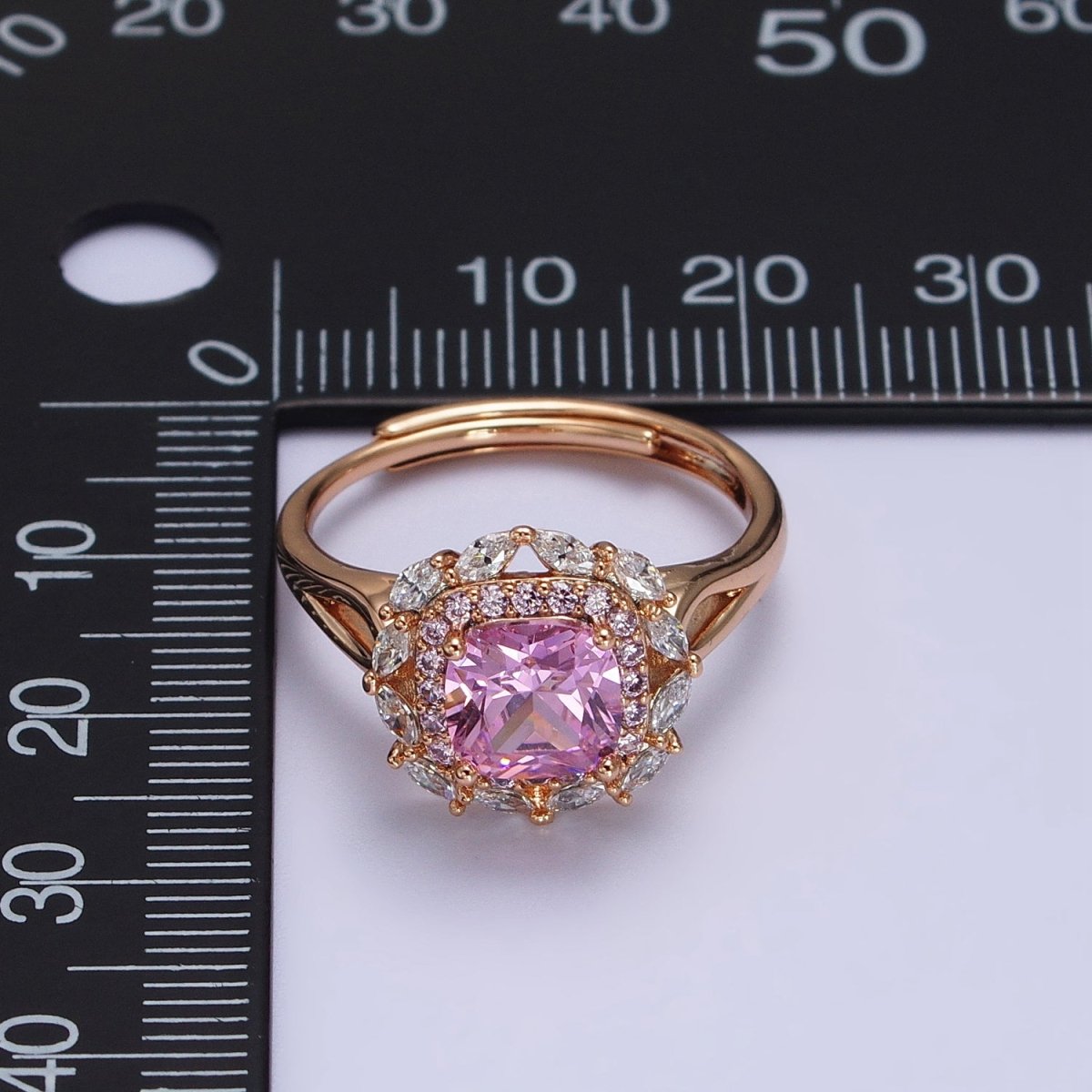 18K Gold Filled Pink CZ Square Clear Micro Paved Marquise Adjustable Ring | Y-585 - DLUXCA