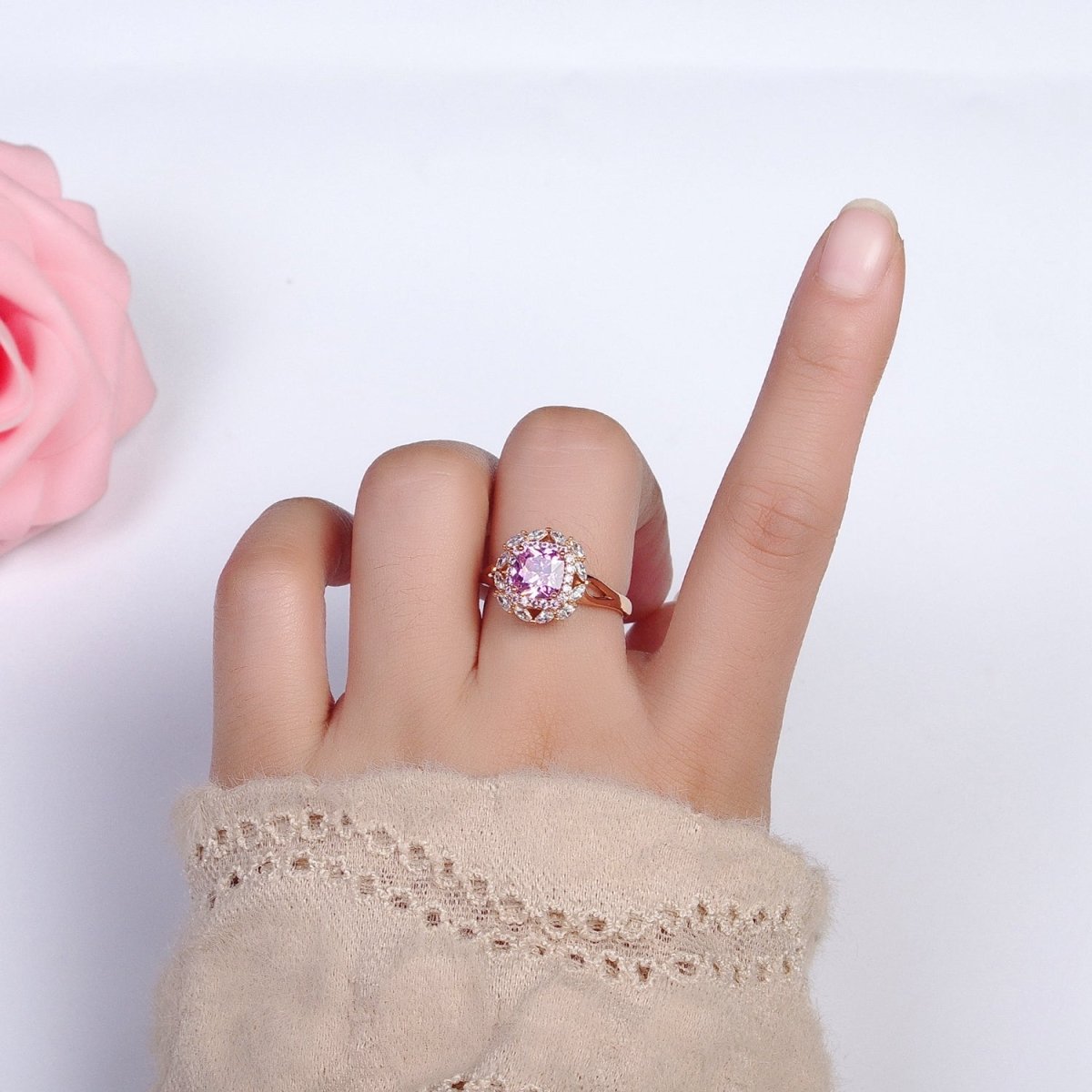 18K Gold Filled Pink CZ Square Clear Micro Paved Marquise Adjustable Ring | Y-585 - DLUXCA