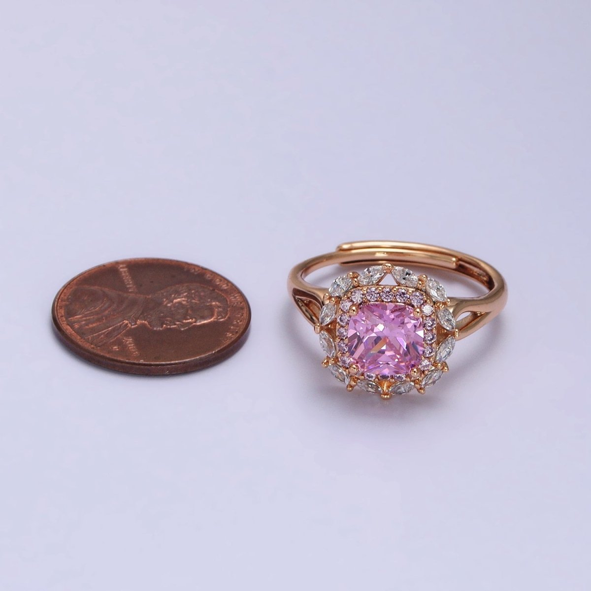 18K Gold Filled Pink CZ Square Clear Micro Paved Marquise Adjustable Ring | Y-585 - DLUXCA