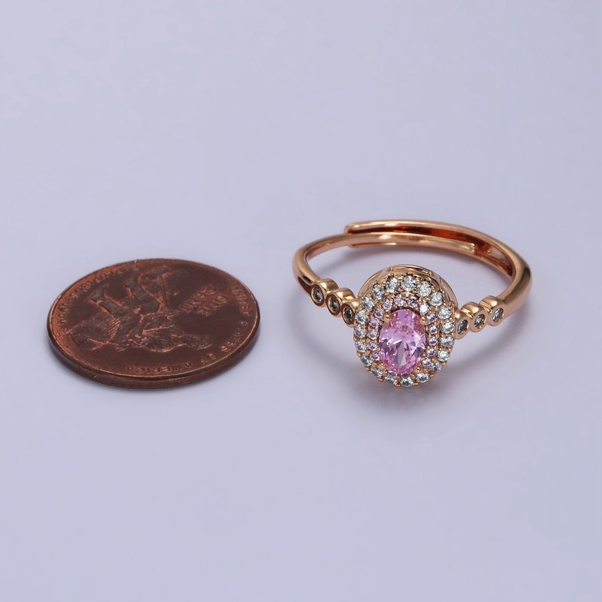 18K Gold Filled Pink, Fuchsia Oval Micro Paved Round CZ Adjustable Ring | Y-579 Y-588 - DLUXCA