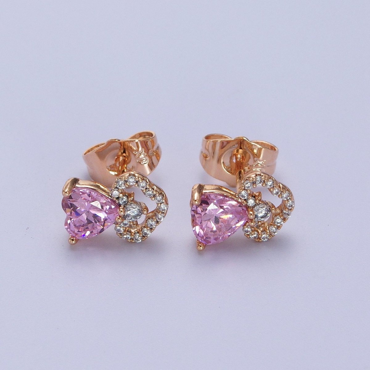 18K Gold Filled Pink Heart Micro Paved CZ Stud Earrings | Y-303 - DLUXCA