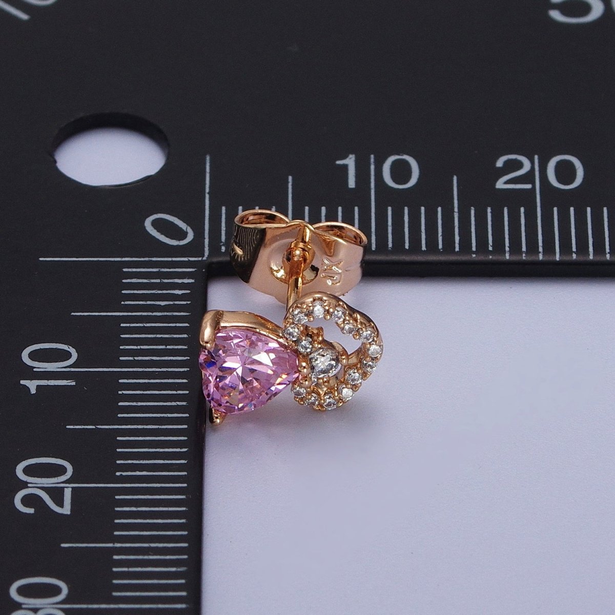 18K Gold Filled Pink Heart Micro Paved CZ Stud Earrings | Y-303 - DLUXCA