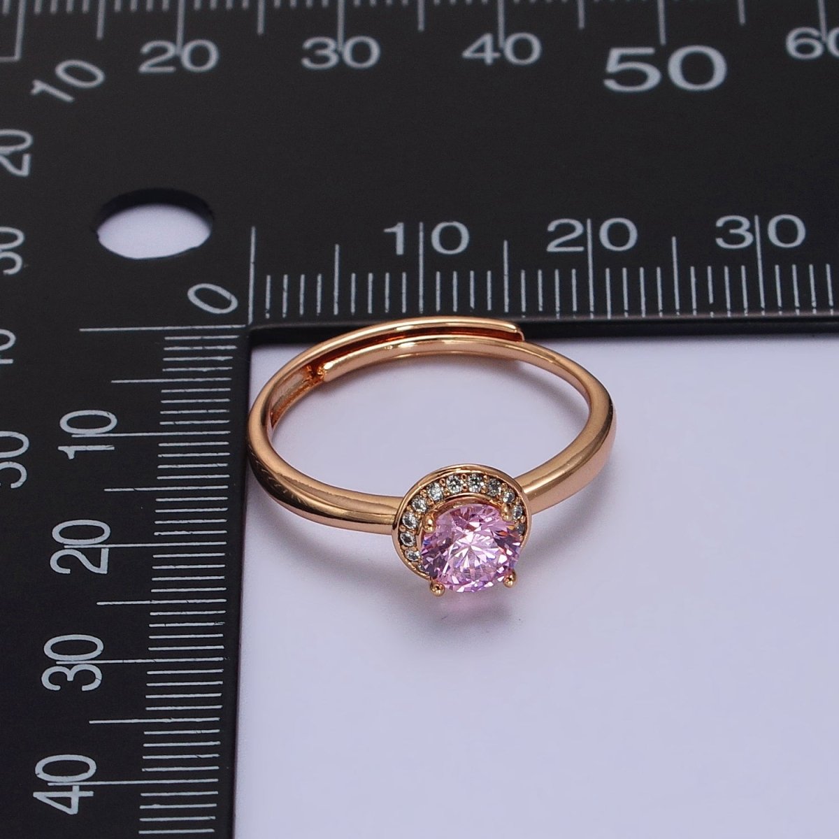 18K Gold Filled Pink Round Clear Micro Paved CZ Adjustable Ring | Y-587 - DLUXCA