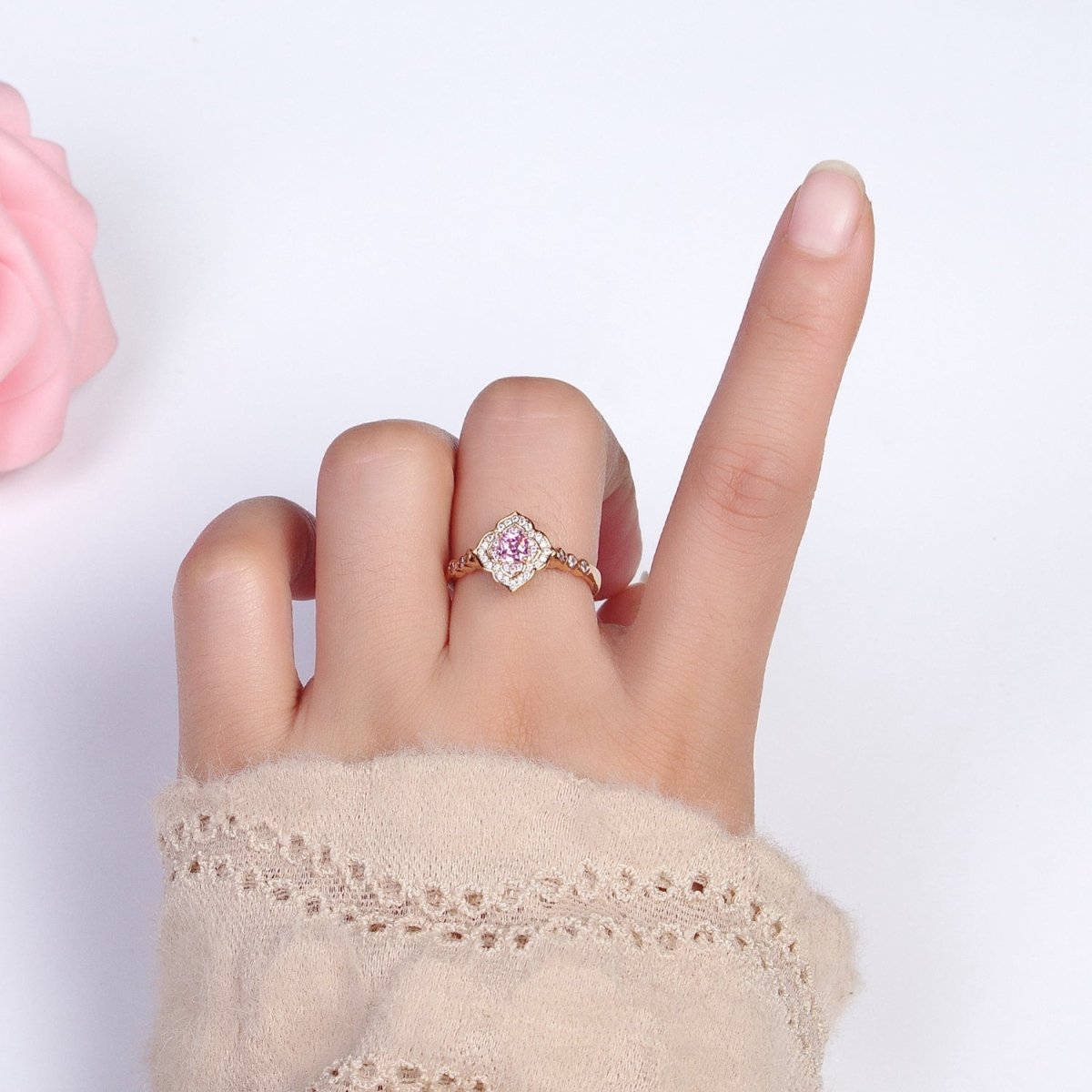 18K Gold Filled Pink Square Clear Micro Paved Quatrefoil Round CZ Adjustable Ring | Y-580 - DLUXCA