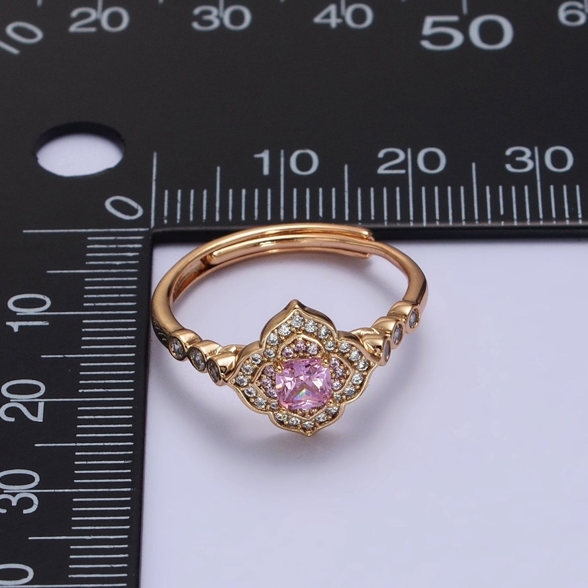 18K Gold Filled Pink Square Clear Micro Paved Quatrefoil Round CZ Adjustable Ring | Y-580 - DLUXCA