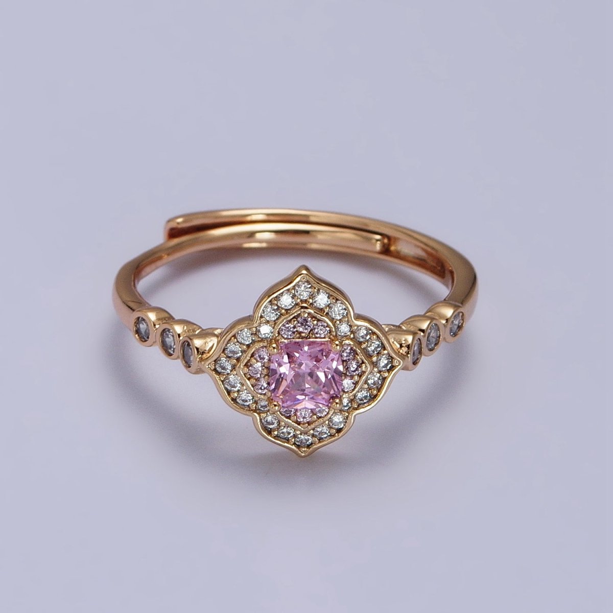 18K Gold Filled Pink Square Clear Micro Paved Quatrefoil Round CZ Adjustable Ring | Y-580 - DLUXCA
