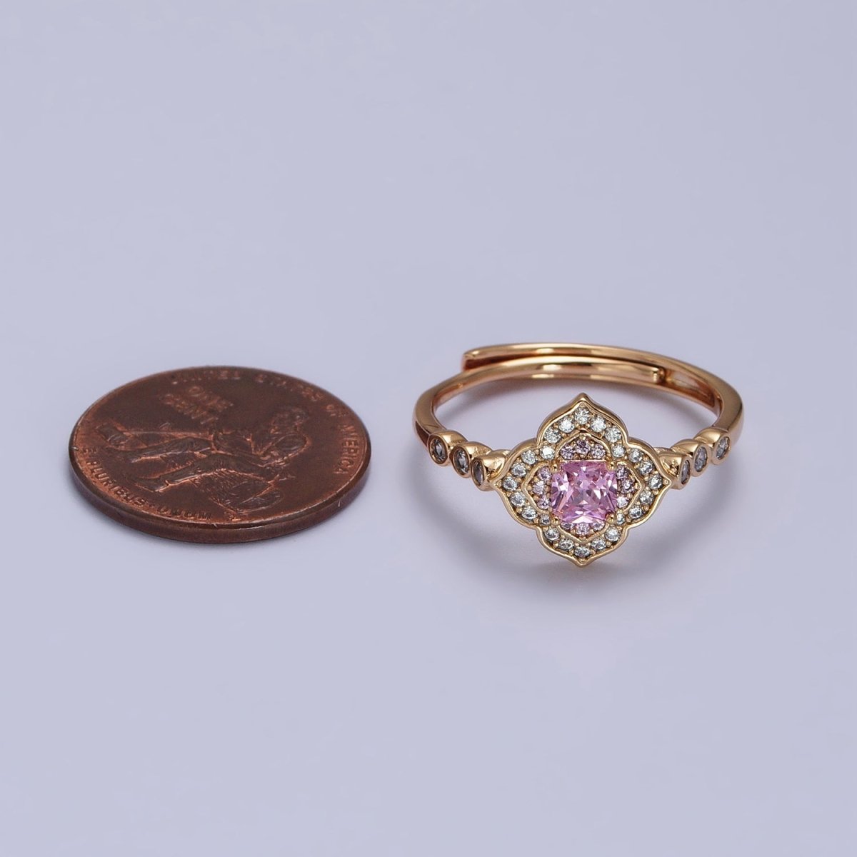 18K Gold Filled Pink Square Clear Micro Paved Quatrefoil Round CZ Adjustable Ring | Y-580 - DLUXCA