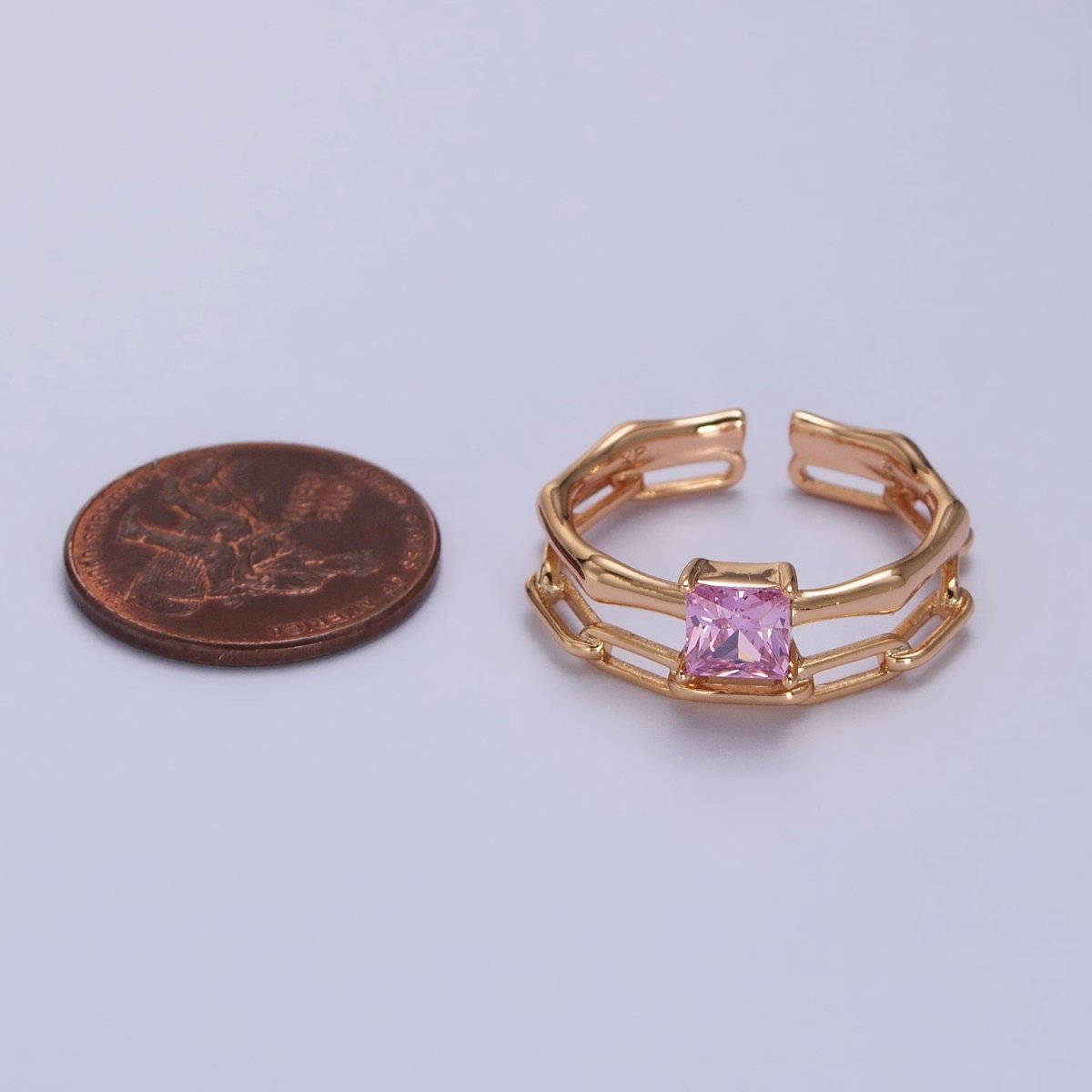 18K Gold Filled Pink Square CZ Bamboo Paperclip Chain Double Band Ring | Y-589 - DLUXCA