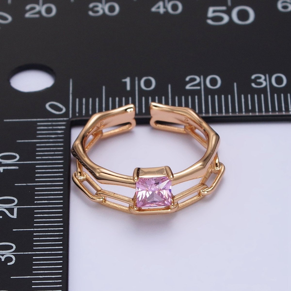 18K Gold Filled Pink Square CZ Bamboo Paperclip Chain Double Band Ring | Y-589 - DLUXCA