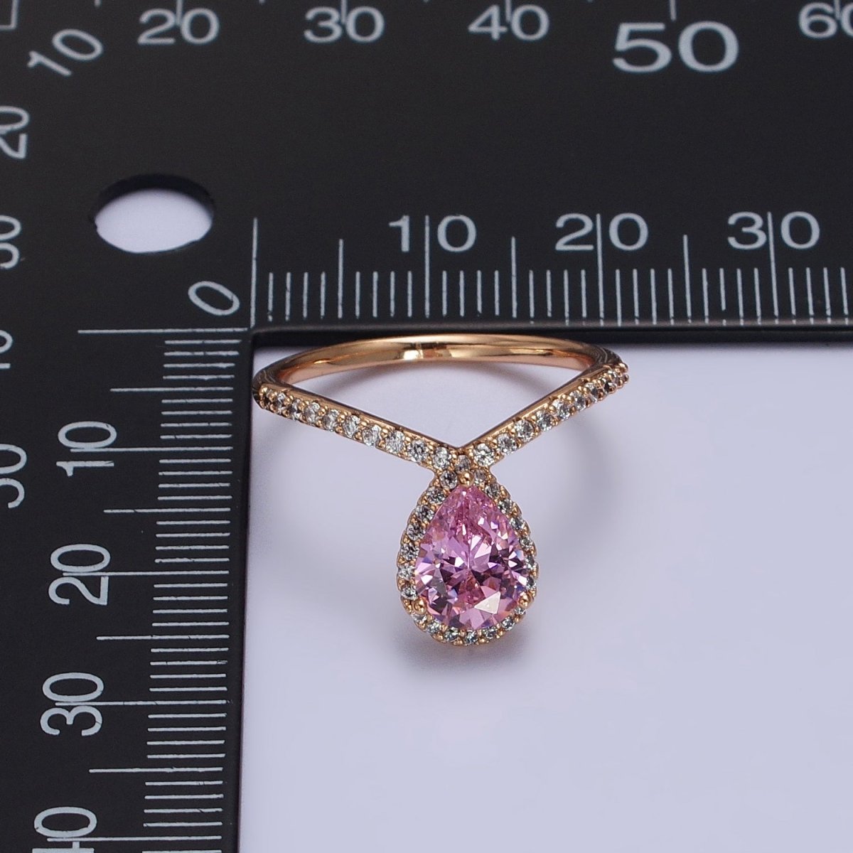 18K Gold Filled Pink Teardrop CZ Micro Paved Chevron Adjustable Ring | Y-590 - DLUXCA