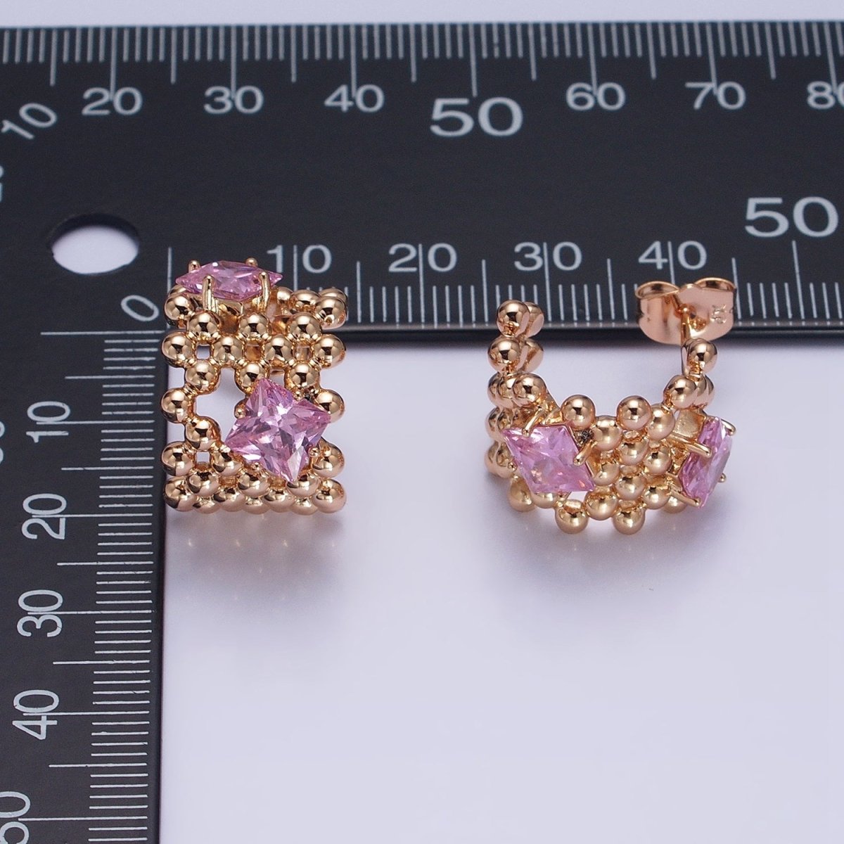 18K Gold Filled Purple, Clear, Green, Pink Square CZ Round Beaded Bubble C-Shaped Hoop Earrings | AD1401 - AD1404 - DLUXCA