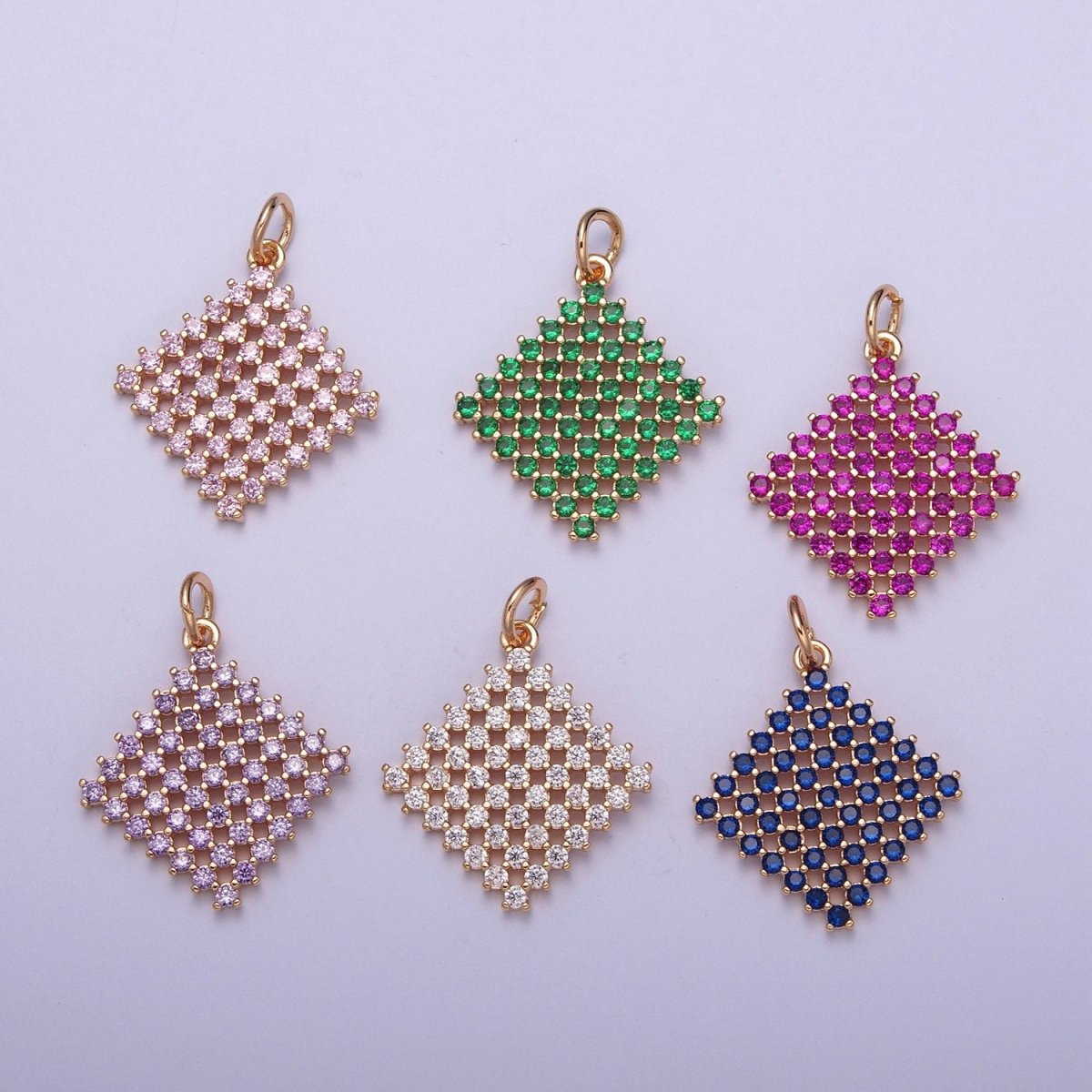 18K Gold Filled Purple, Fuchsia, Pink, Green, Blue, Clear Micro Paved CZ Rhombus Charm | X-162 - X-167 - DLUXCA