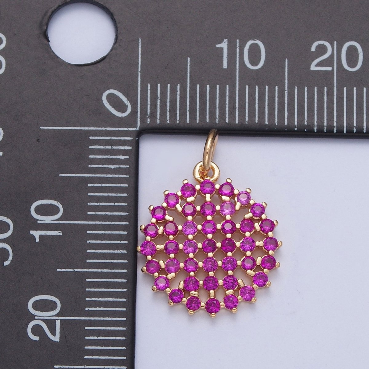 18K Gold Filled Purple, Fuchsia, Pink, Green, Blue, Clear Micro Paved CZ Round Circle Charm | X-156 - X-161 - DLUXCA