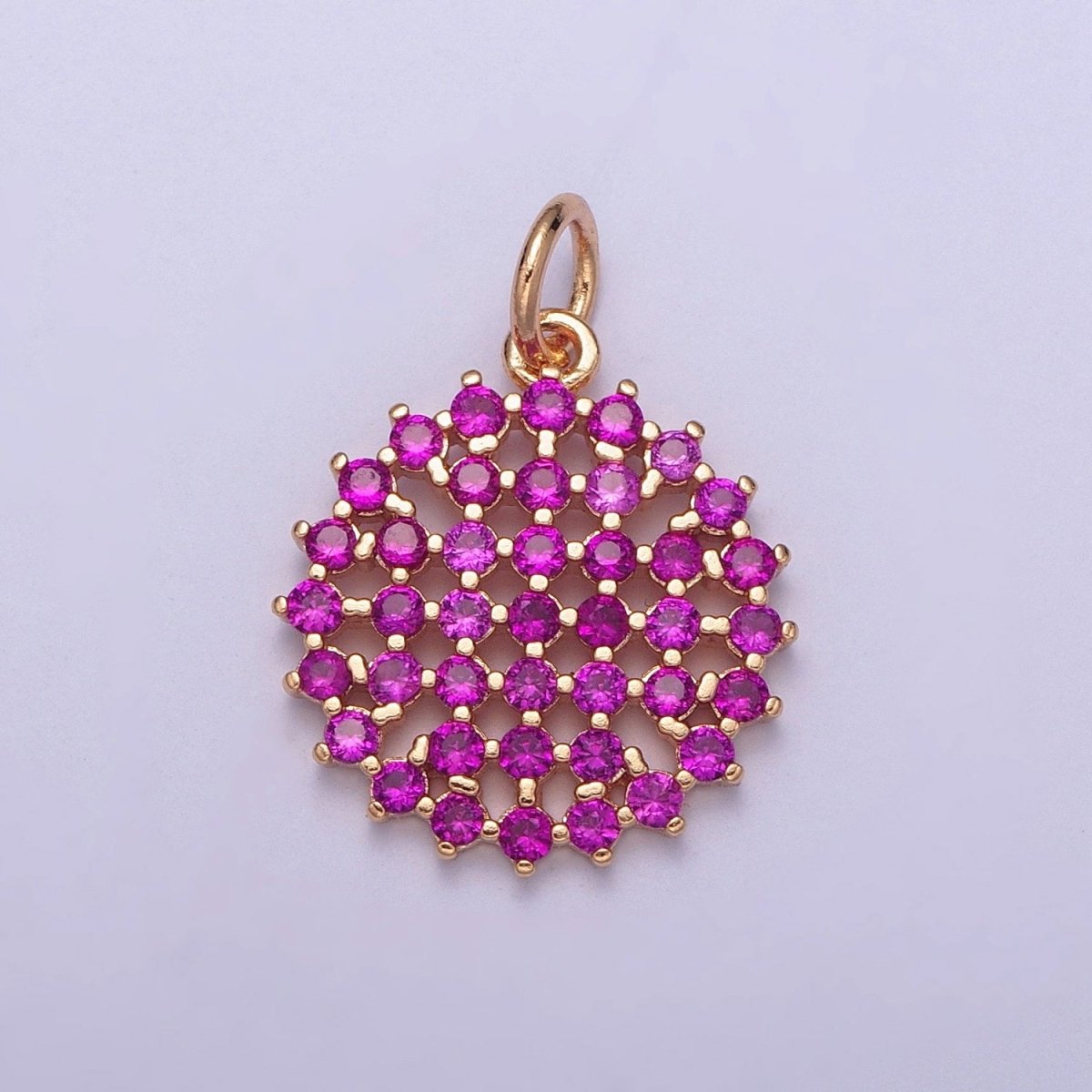 18K Gold Filled Purple, Fuchsia, Pink, Green, Blue, Clear Micro Paved CZ Round Circle Charm | X-156 - X-161 - DLUXCA