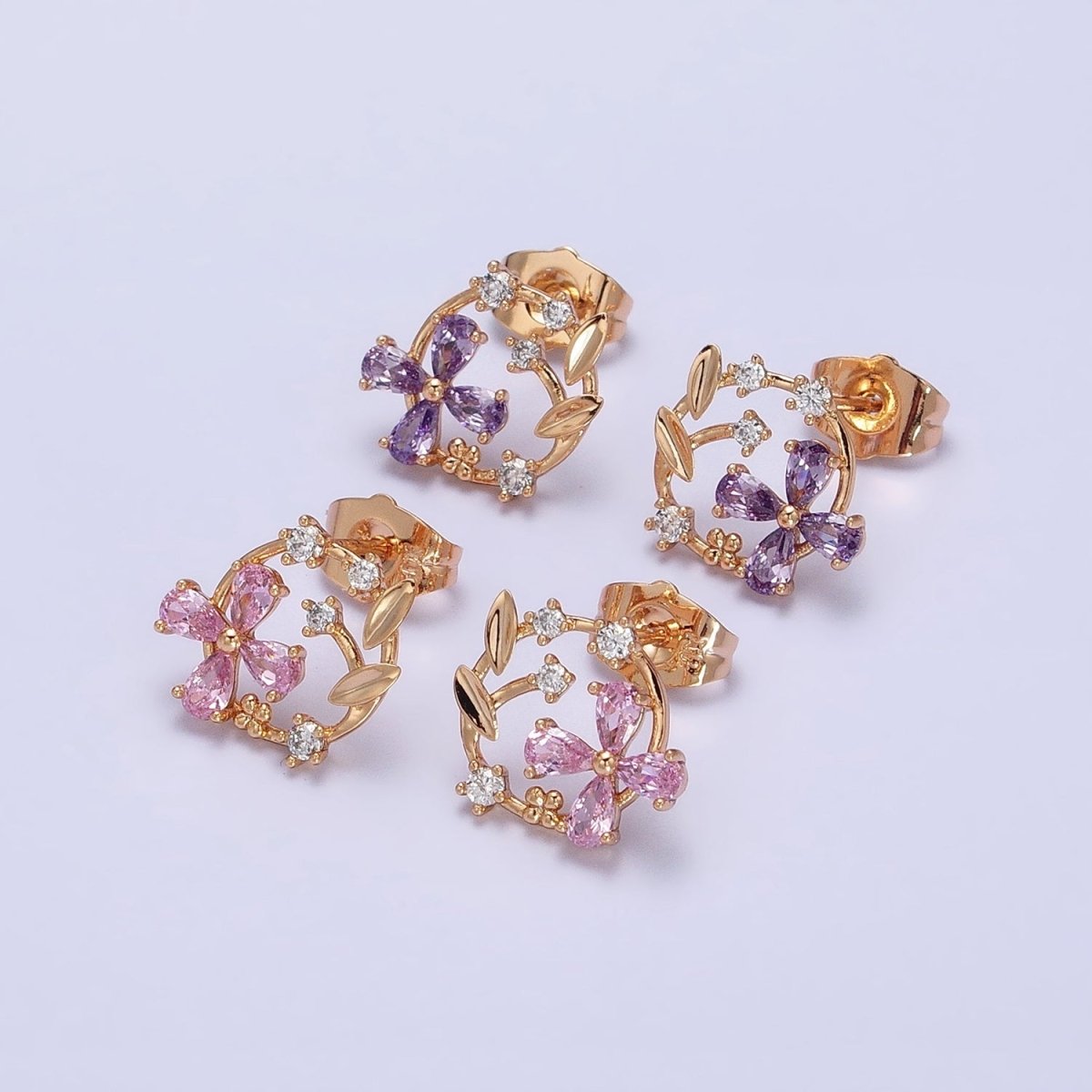 18K Gold Filled Purple, Pink CZ Flower Garden Open Round Stud Earrings | AD1319 AD1320 - DLUXCA