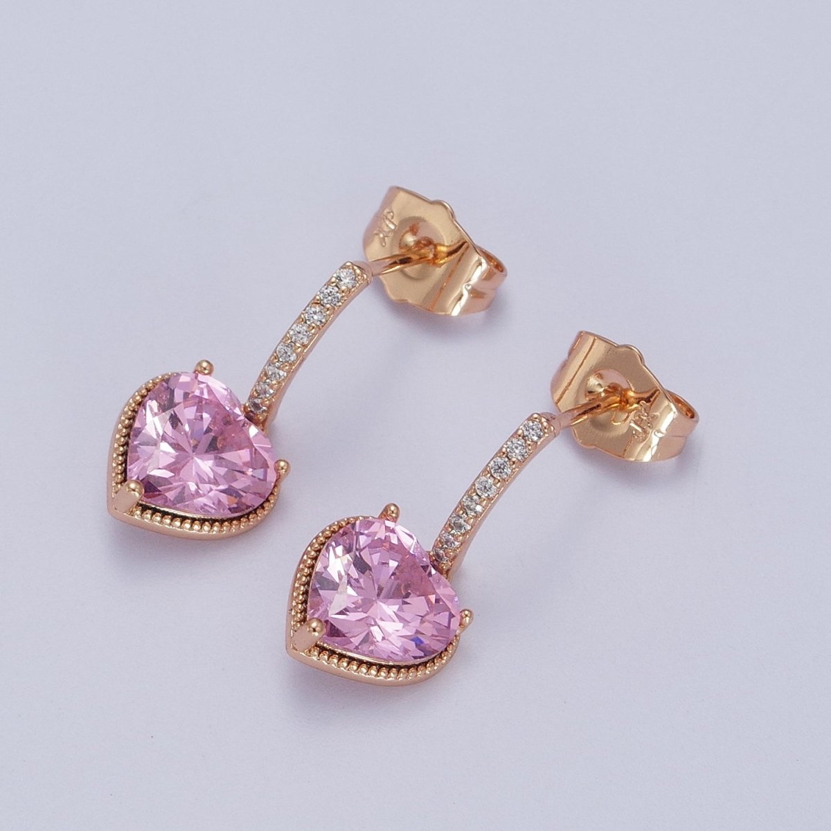 18K Gold Filled Purple, Pink Heart CZ Drop Micro Paved Bar Stud Earrings | V-001 V-002 - DLUXCA