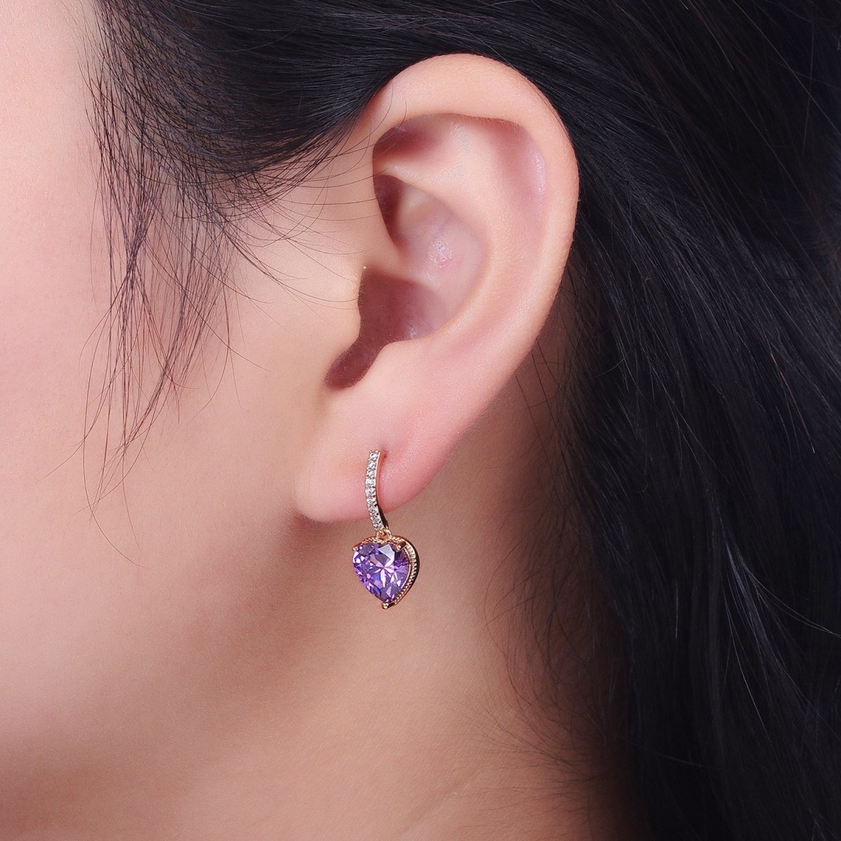 18K Gold Filled Purple, Pink Heart CZ Drop Micro Paved Bar Stud Earrings | V-001 V-002 - DLUXCA