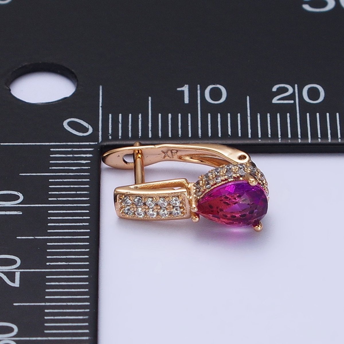 18K Gold Filled Purple Teardrop Clear Micro Paved CZ English Lock Earrings | AB263 - DLUXCA