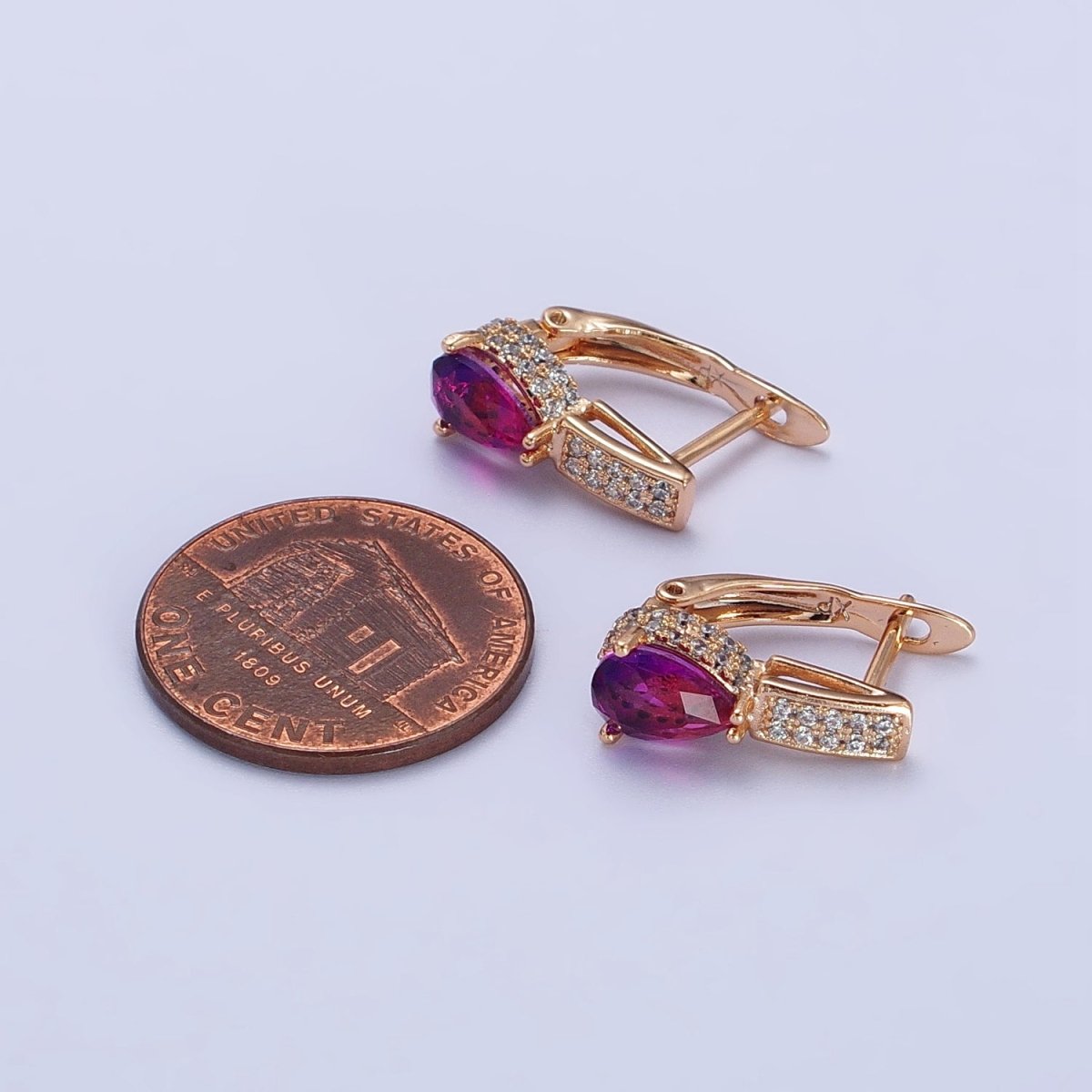 18K Gold Filled Purple Teardrop Clear Micro Paved CZ English Lock Earrings | AB263 - DLUXCA