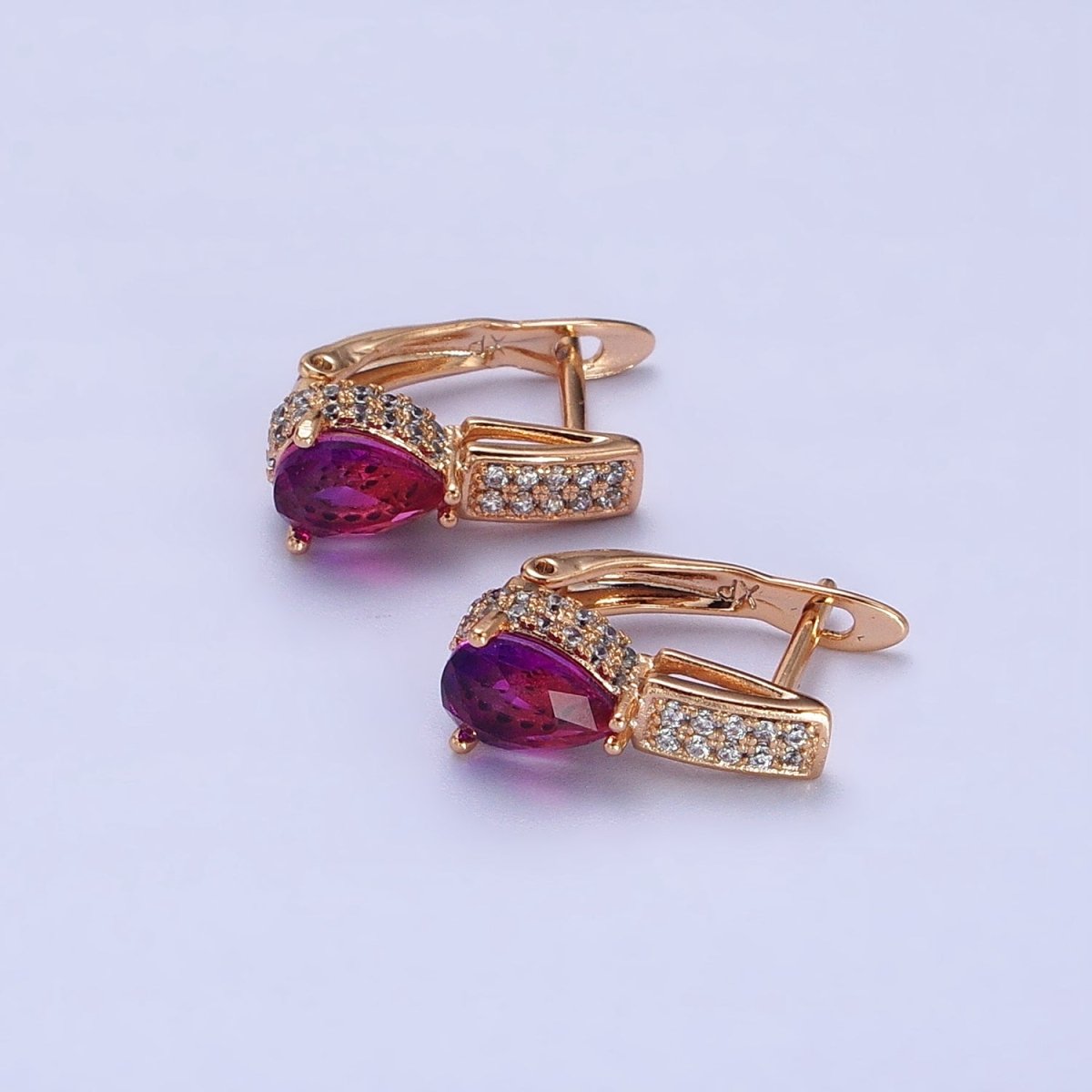 18K Gold Filled Purple Teardrop Clear Micro Paved CZ English Lock Earrings | AB263 - DLUXCA