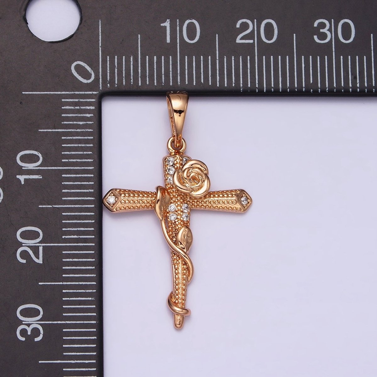 18K Gold Filled Rose Flower Vine Micro Paved CZ Dotted Passion Cross Pendant | AA524 - DLUXCA