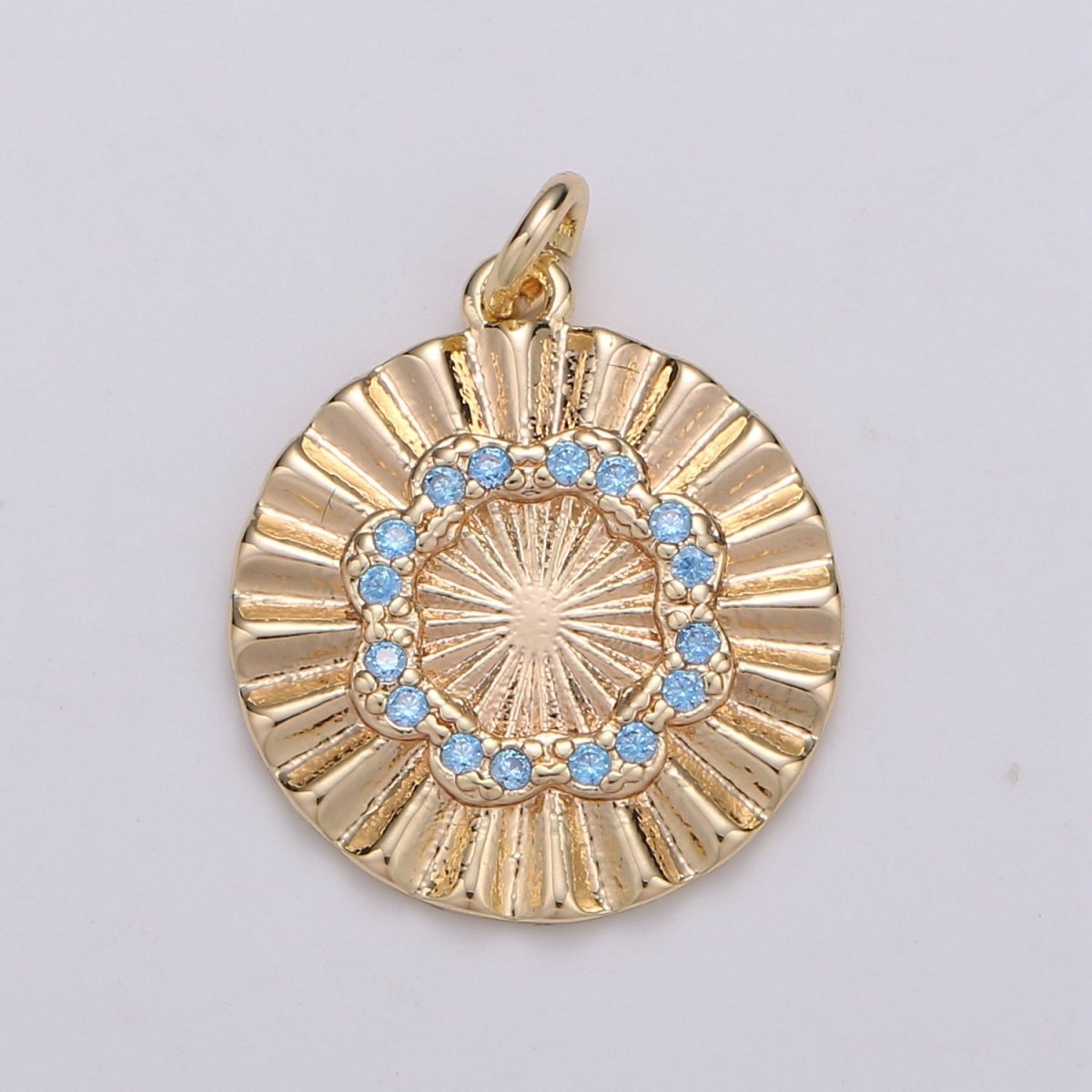 18k Gold Filled Round Circle CZ Pave Cubic Zirconia Disc Charm Coin Medallion 15mm with Blue Pink Cz Stone D-875 - DLUXCA