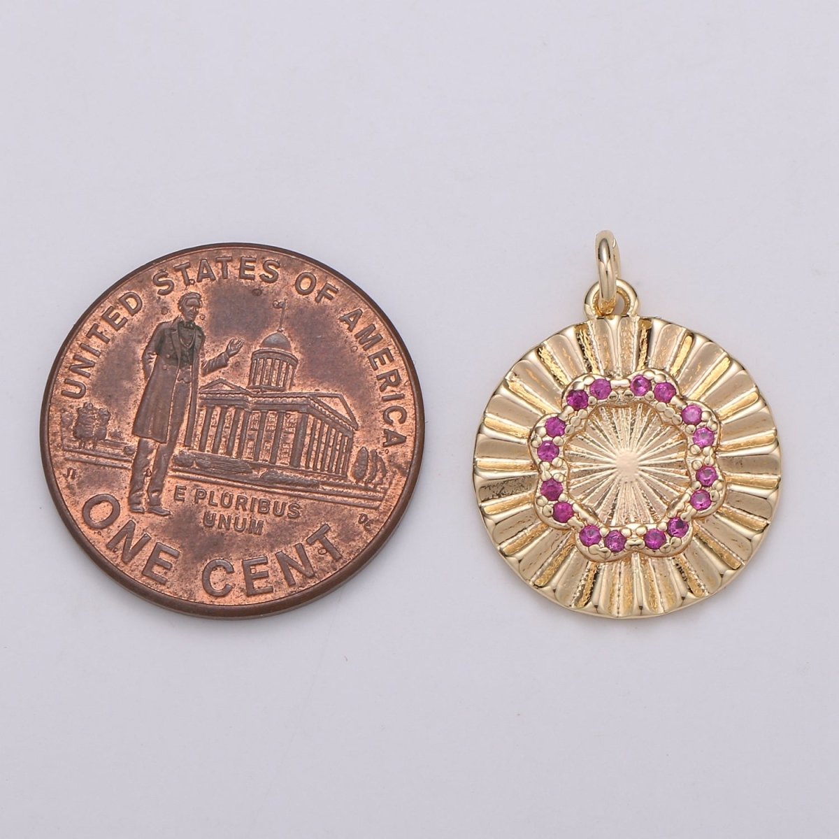 18k Gold Filled Round Circle CZ Pave Cubic Zirconia Disc Charm Coin Medallion 15mm with Blue Pink Cz Stone D-876 - DLUXCA