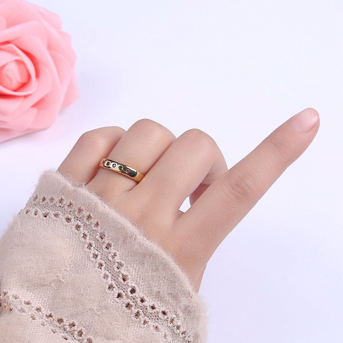 18K Gold Filled Round Micro Pave Ring,Multi-Color Zircon Round Ring,Minimalist Ring,Gold Open Ring,Adjustable Ring,Gift for Her U-515 ~ U-516 - DLUXCA