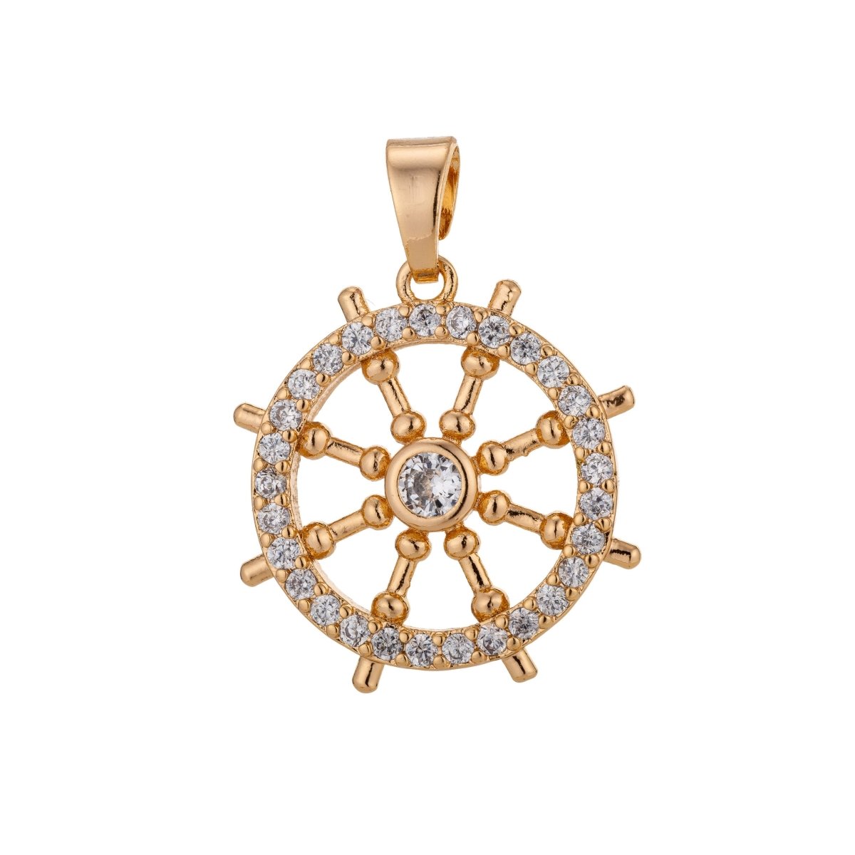 18K Gold Filled Steering Wheel, Sailor Charm Pendant w/ Bails Boat Yacht Travel Boat Ocean Cubic Zirconia Necklace for Jewelry Making H-804 - DLUXCA