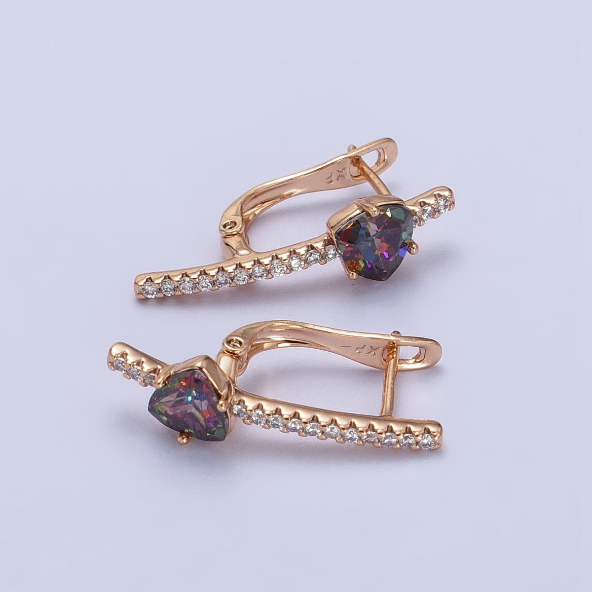 18K Gold Filled Triangle Iridescent AB, Purple, Blue, Red CZ Micro Paved Lined English Lock Earrings | AB236 AB27- AB249 - DLUXCA