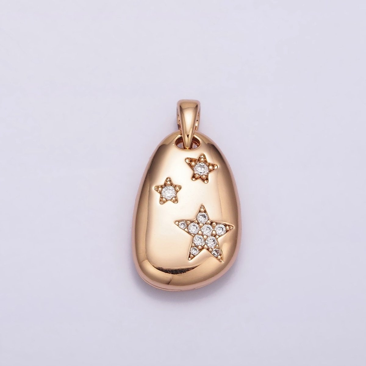 18K Gold Filled Triple Star Micro Paved CZ Double Sided Open Moon Celestial Abstract Oval Pendant | AA764 - DLUXCA