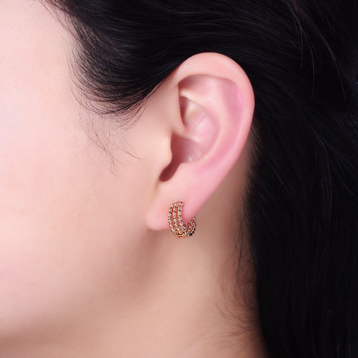 18K Gold Filled Triple Twist Croissant Band 13mm Huggie Hoop Earrings | AD1344 - DLUXCA