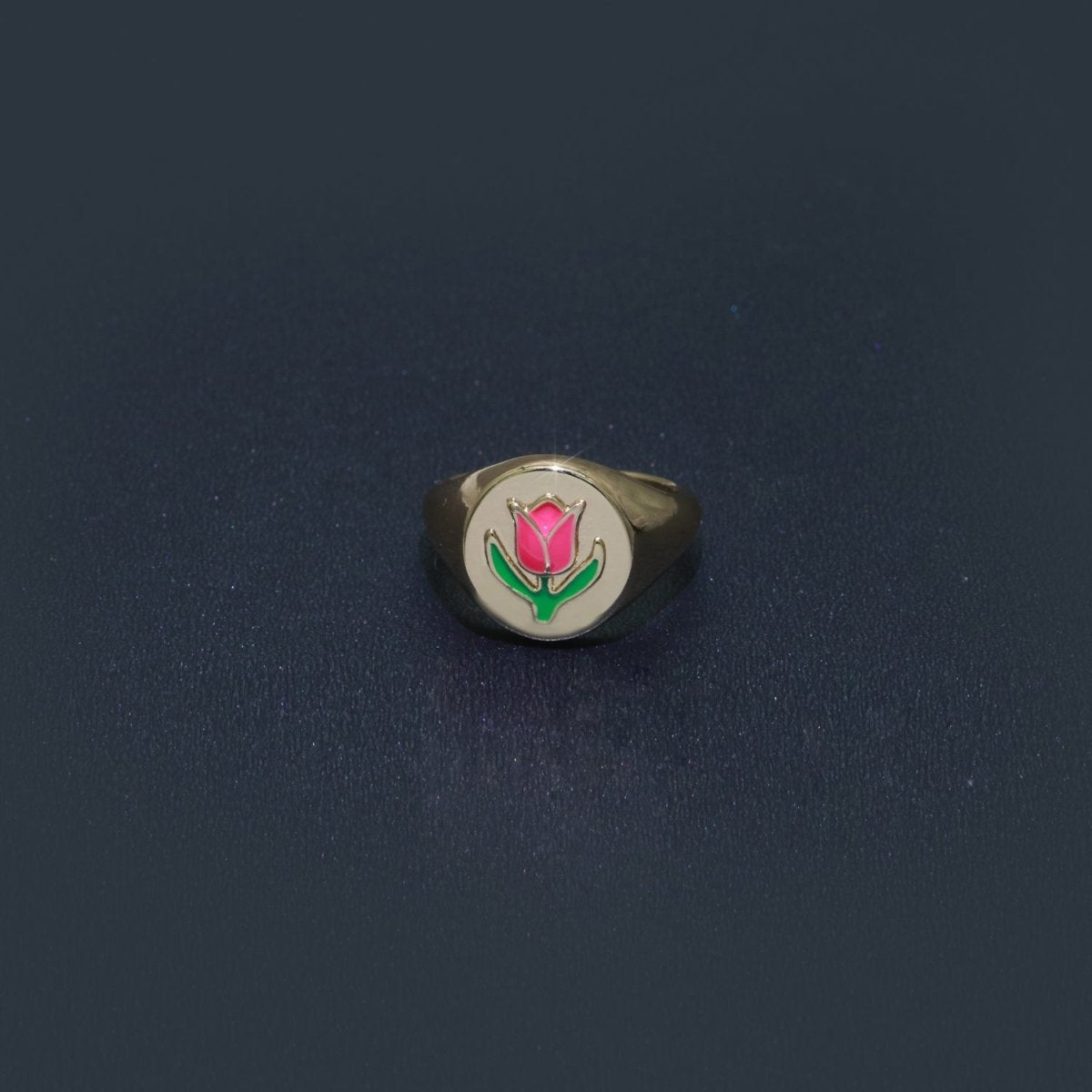 18K Gold Filled Tulip Ring | July Birth Month Gold Ring| Gift For Her| Simple Gold Signet Ring Open Adjustable Signet Ring O-441 ~ O-443 - DLUXCA