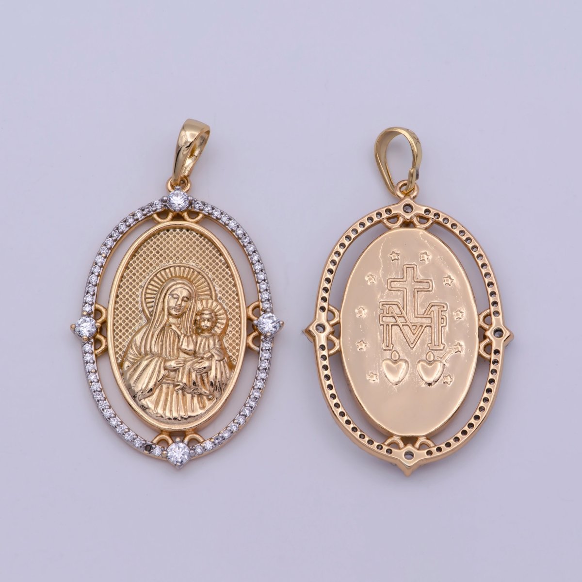 18k Gold Filled Virgin Mary with baby Jesus pendant for Necklace Double Sided Mecallion Cross Catholic Religious jewelry Component I-046 - DLUXCA